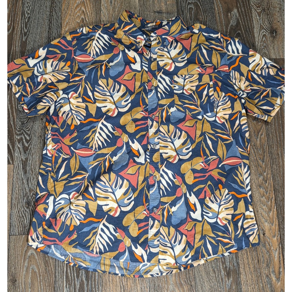 Eddie Bauer Mens XL Tropical Monstera Leaf Print Cotton Button Down Shirt Blue